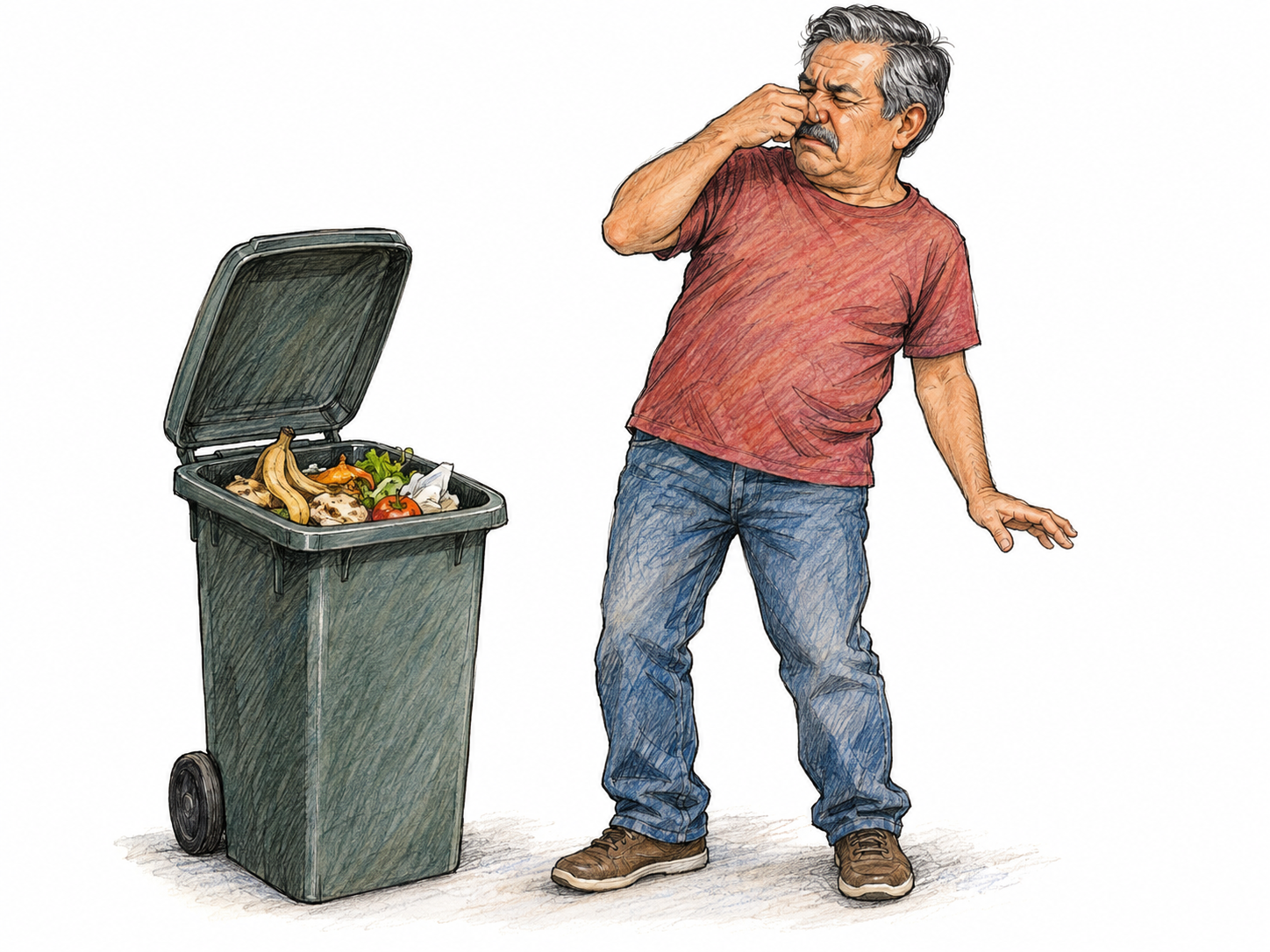 An older Latino man recoils slightly and pinches his nose beside an open kitchen waste bin containing food scraps, making an unpleasant invisible emission clear through his reaction.