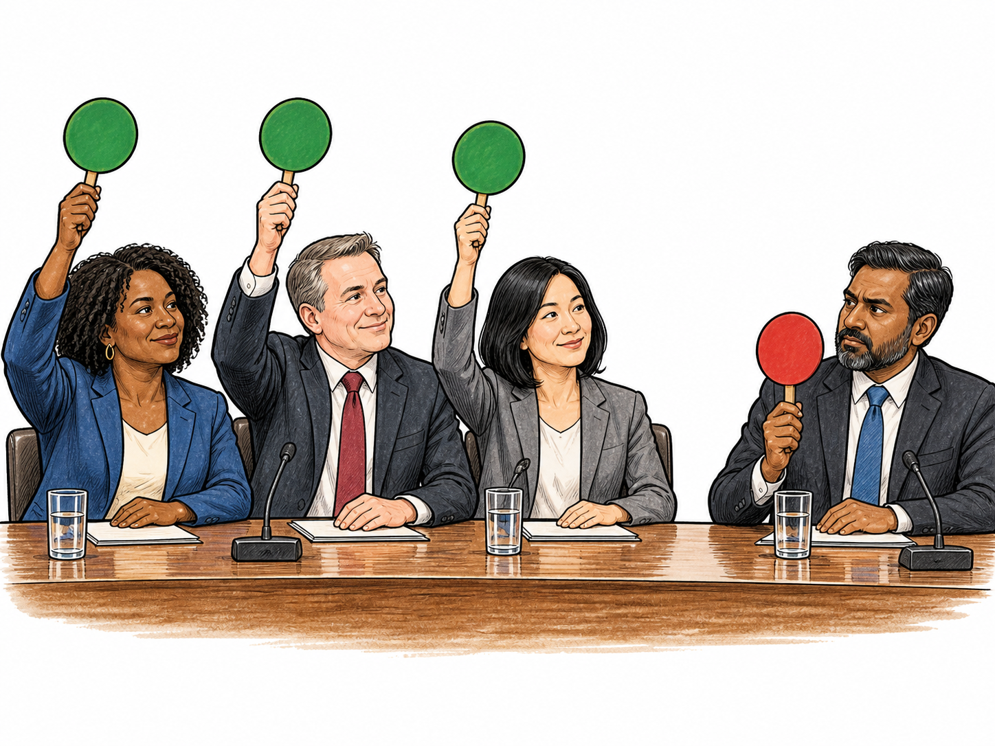 Three varied delegates seated together raise matching voting paddles in agreement opposite a separate delegate; coordinated political grouping, no party emblems.