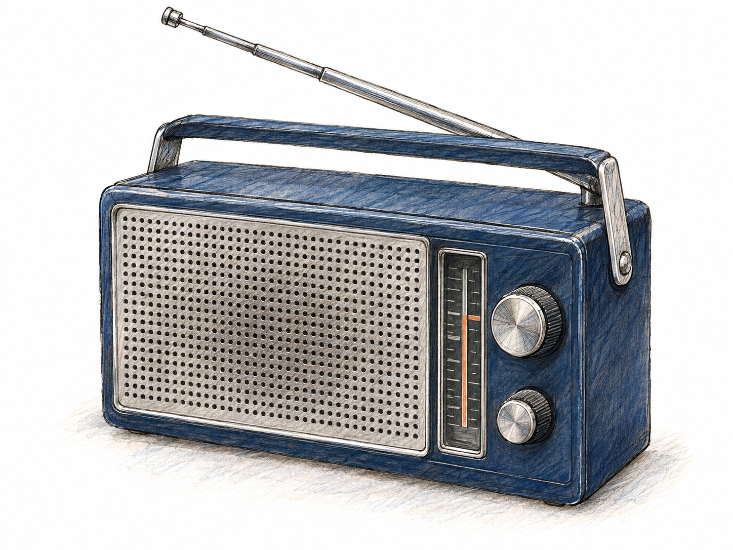 A recognizable portable broadcast radio with a speaker grille, analog tuning window, tuning and volume knobs, and an extended telescopic antenna.