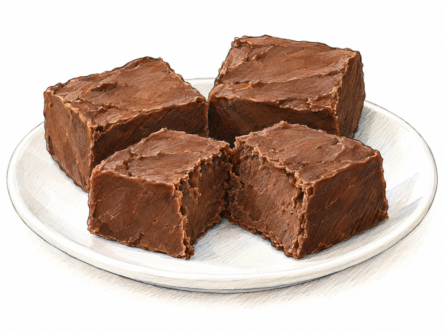 A close view of thick chocolate fudge squares on a plain plate, with one piece split open to reveal its dense, soft, creamy interior.