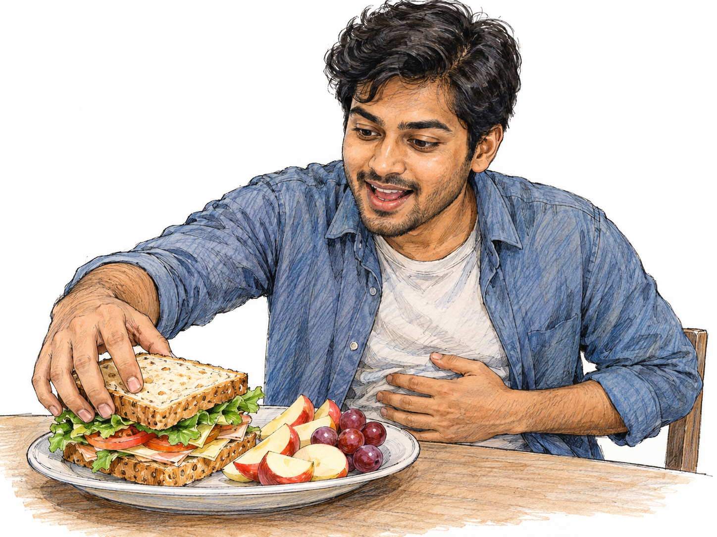 A hungry young man presses one hand to his stomach and eagerly reaches toward a plate of freshly served food, his gaze fixed on the meal.