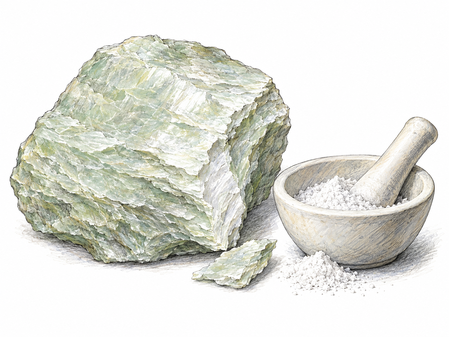 A pale green, pearly talc mineral specimen beside a small mortar containing its fine white powder, with a broken fragment showing the mineral's soft, flaky structure.