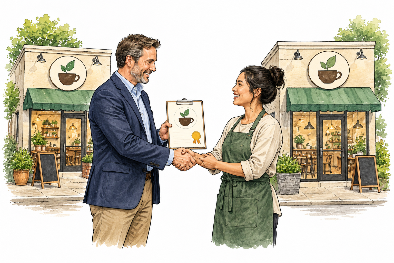 Two similar small storefronts share the same simple non-letter pictorial brand symbol; owner holds a wordless license document, licensed business.
