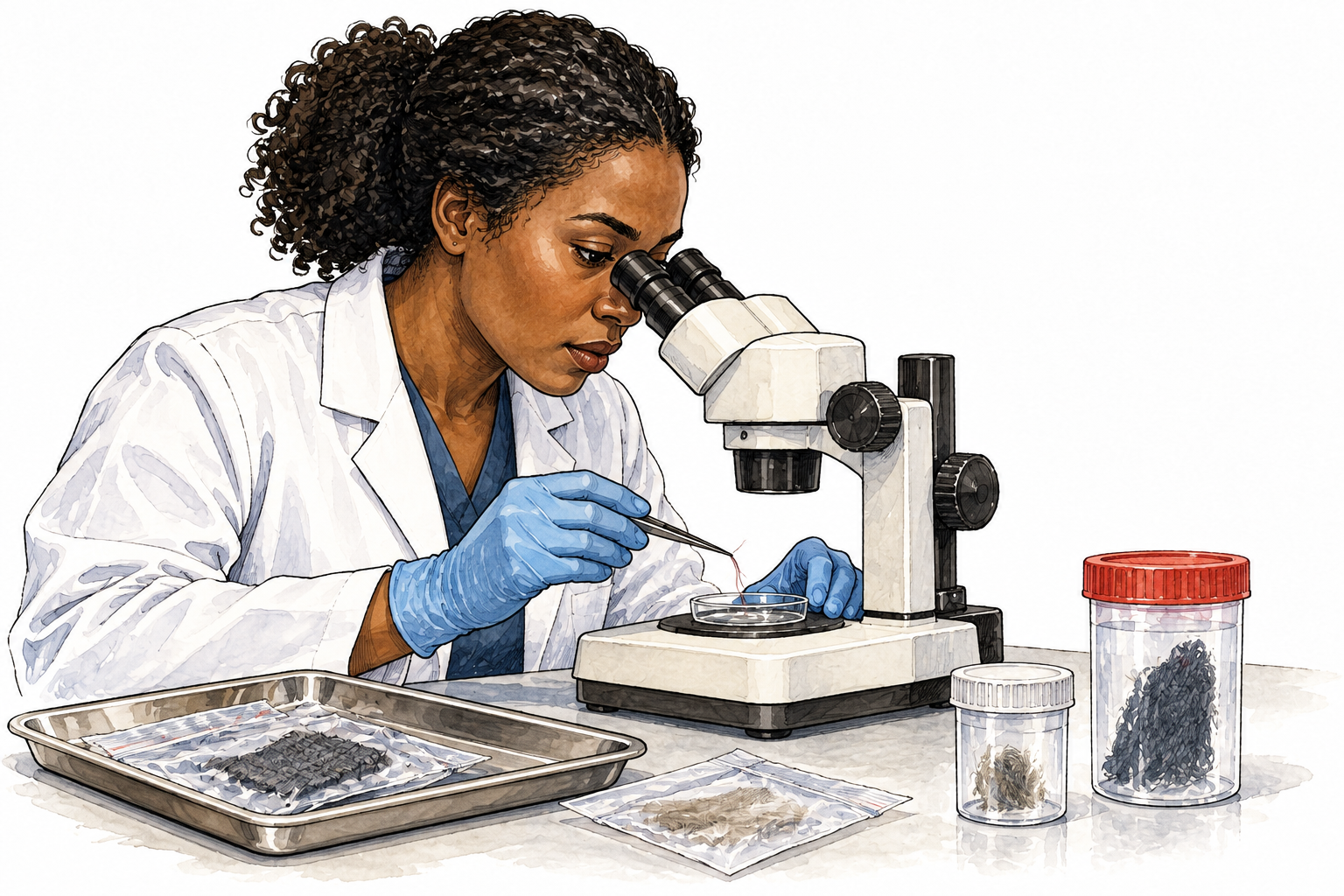 A Black female forensic scientist uses tweezers to examine a small fiber with microscope and sealed evidence containers, no labels.