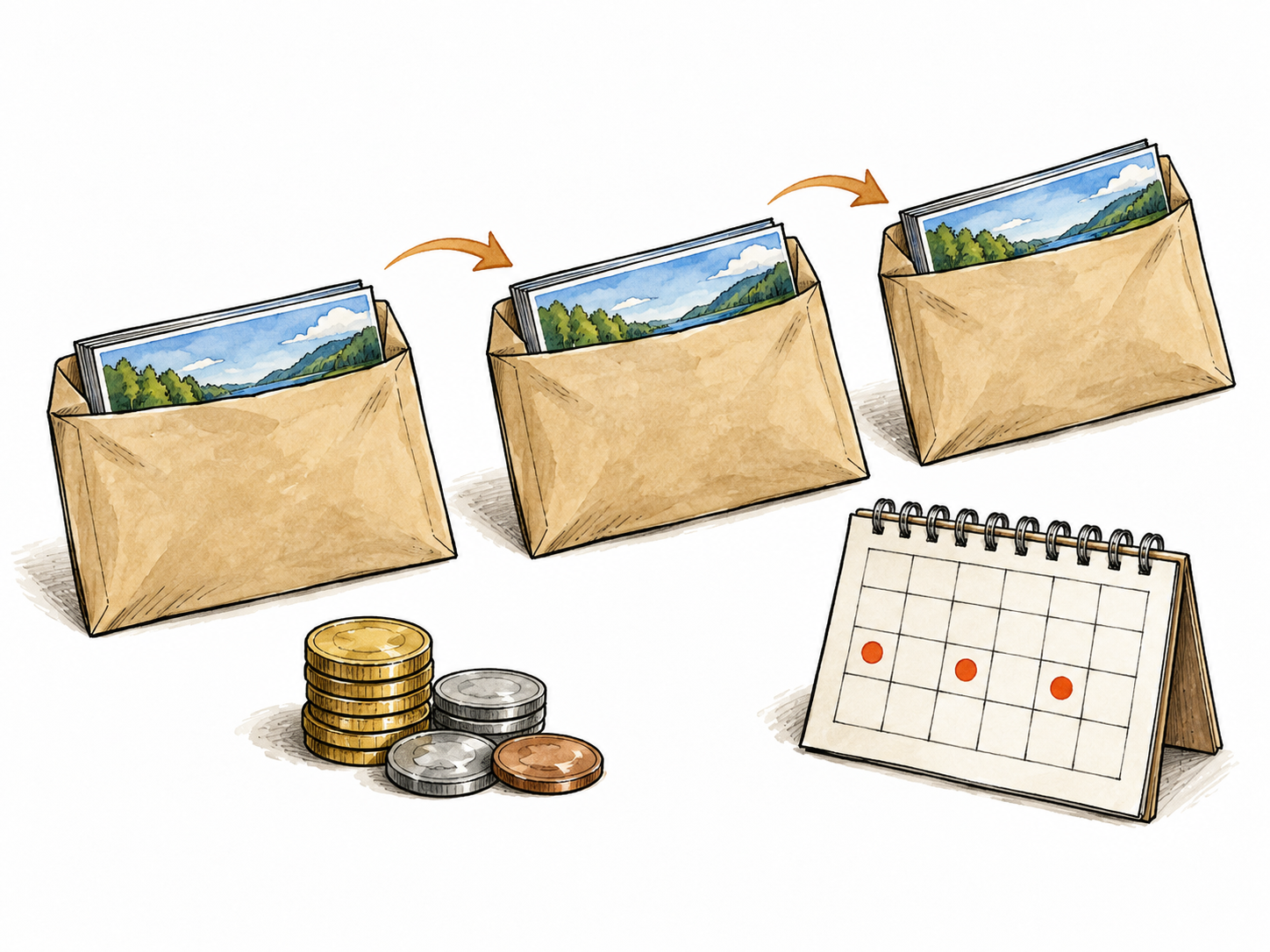 Three identical plain magazine envelopes arrive in sequence beside coins paid in advance, a small calendar-style grid without letters suggests recurring paid delivery, no text.