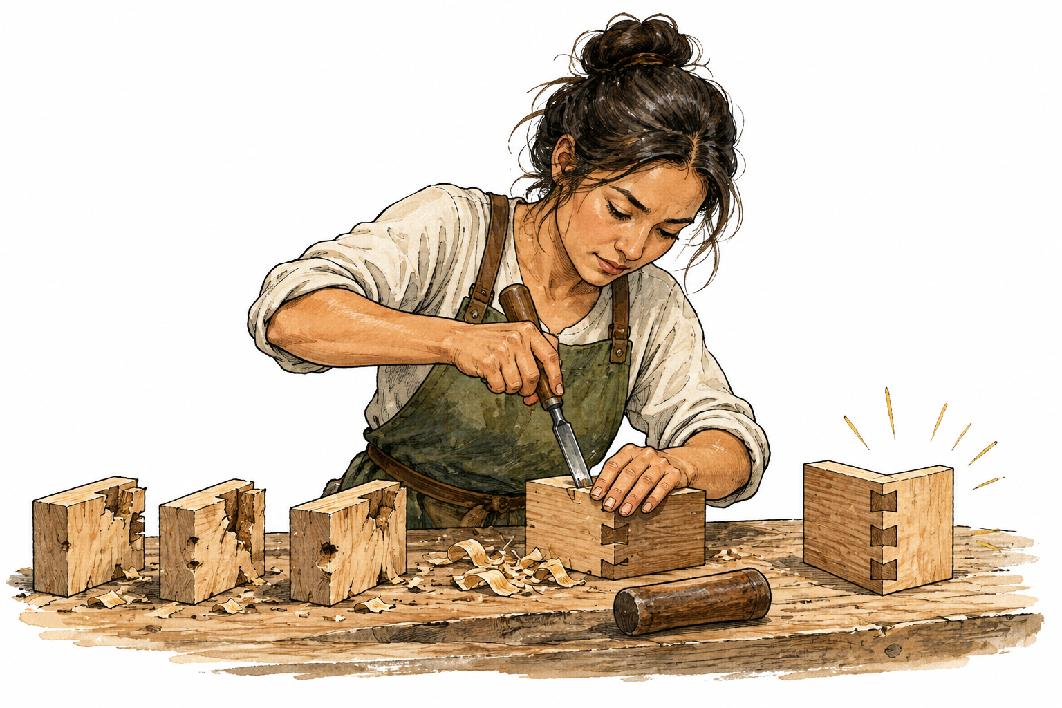 A craftsperson keeps practicing a difficult joint, with several imperfect practice pieces and one improved piece.