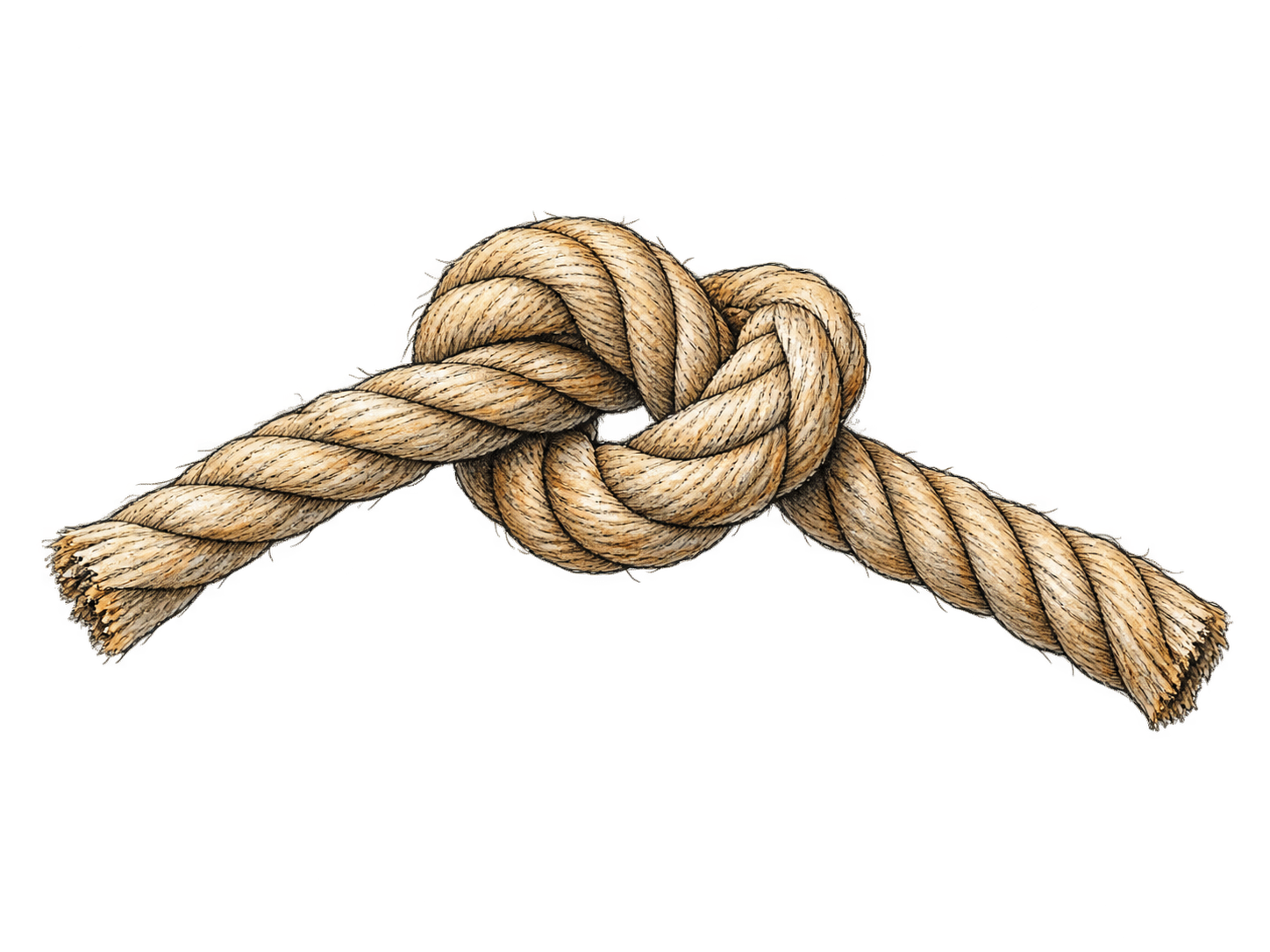 One clear overhand knot in thick rope, interlaced crossing and two free ends visible; ink contour and selective strand hatching, white ground.