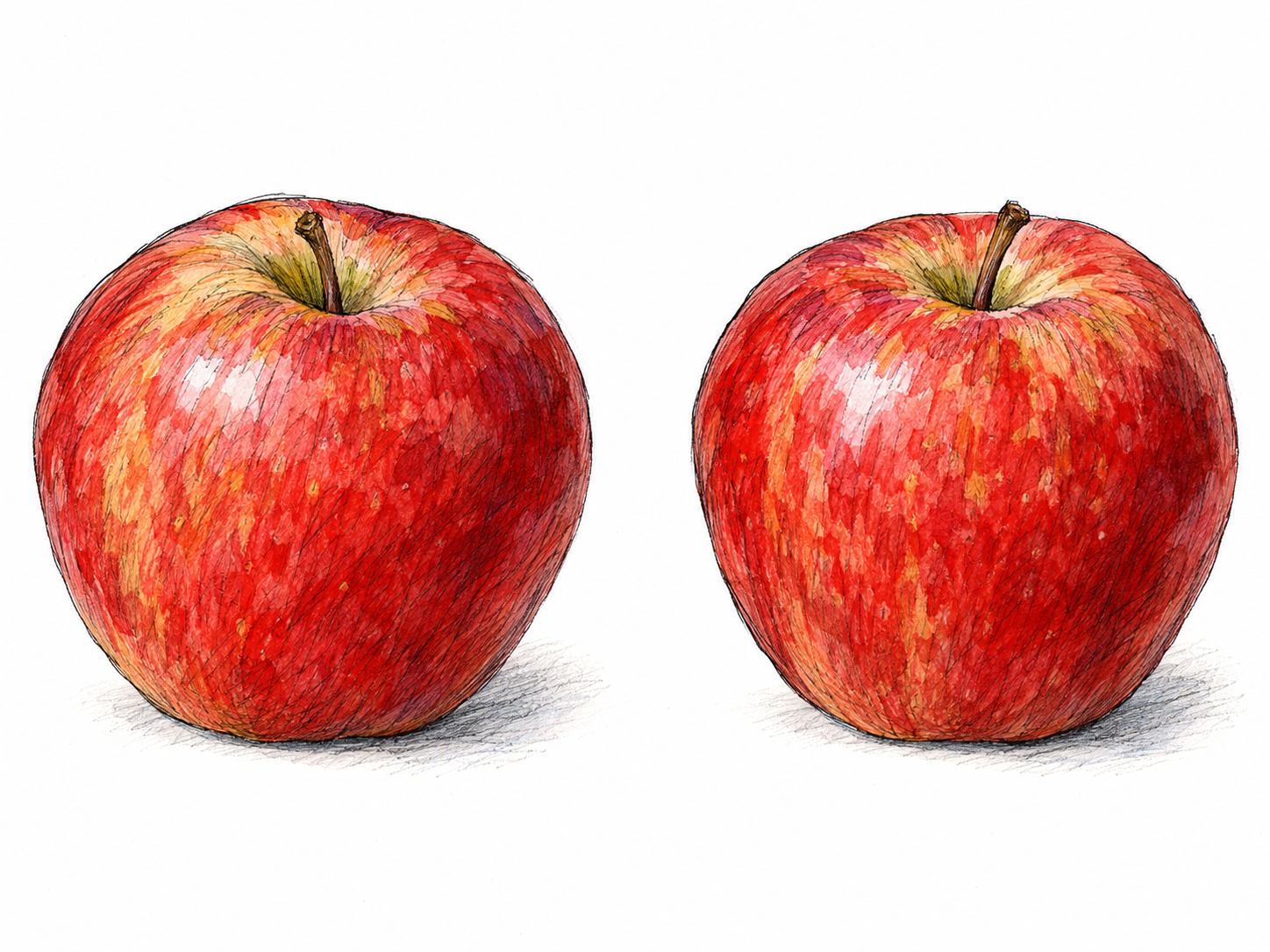 Exactly two matching red apples, clearly separated and equally prominent, make the quantity immediately countable.