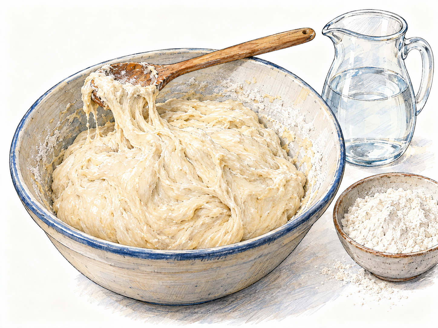 A soft, pale mound of raw dough in a mixing bowl, with a sticky stretched fold and flour still visible around its edges; a small flour dish and water jug establish the ingredients.