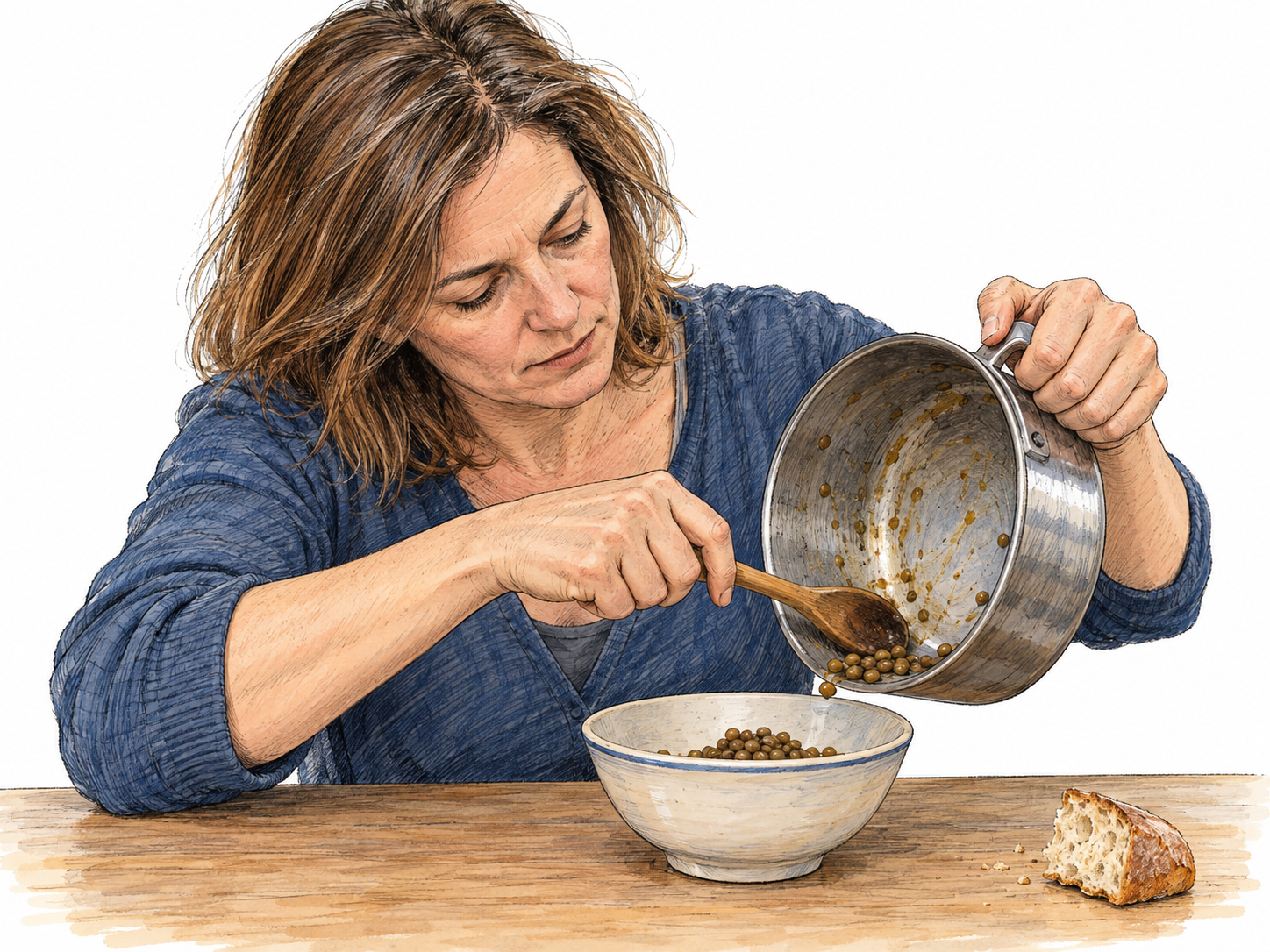 A woman ekes out a modest meal by scraping the last lentils from an almost empty cooking pot into a bowl beside a small piece of bread.