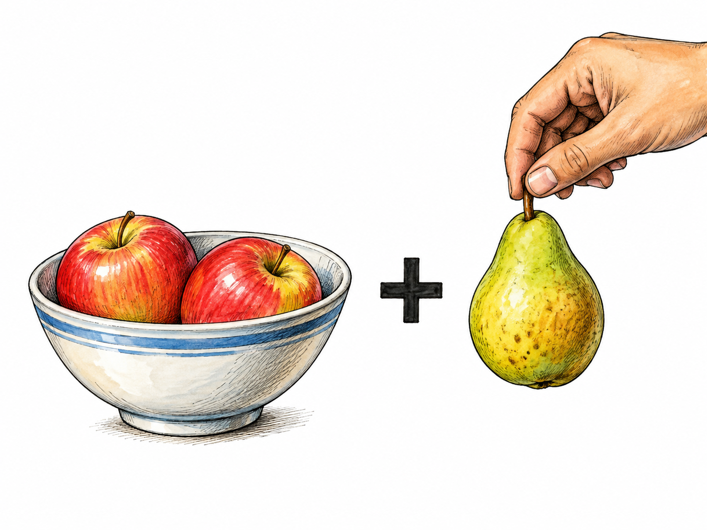 Bowl already contains two apples; a cropped adult hand adds one pear, plus symbol between existing fruit and new addition.