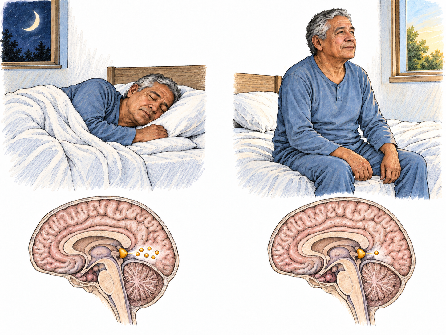 A compact night–day comparison connects secretion from the pineal gland with sleeping at night and waking in daylight, depicting an internally produced sleep-regulating hormone rather than a supplement.