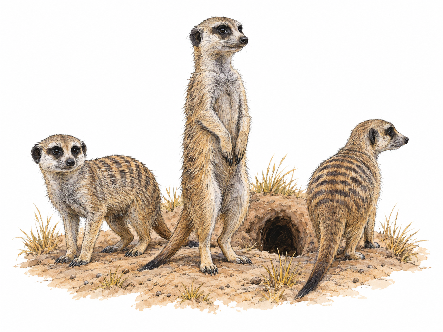 Three meerkats clustered beside a burrow on a small patch of dry southern African ground: one upright on hind legs scanning the surroundings, two on all fours nearby.