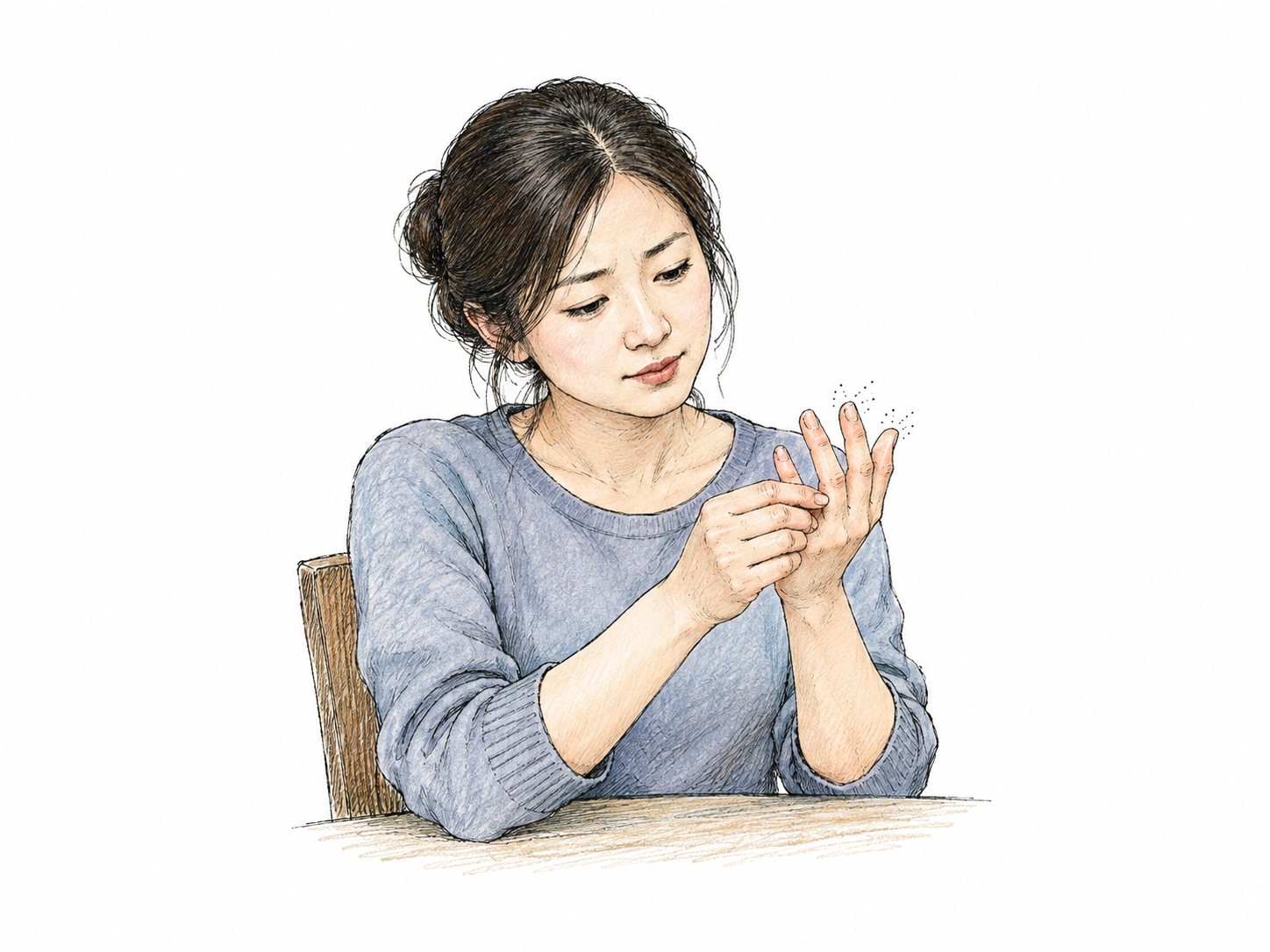 Person gently rubs fingertips of one hand with other after temporary pins-and-needles sensation; tiny restrained fine stippled sensation marks around fingertips, no injury or electric lightning.