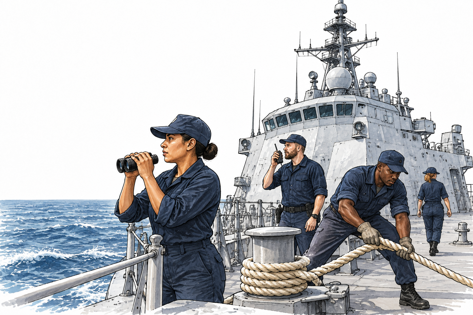 Modern naval vessel and sailors aboard its deck, no national symbols or writing.