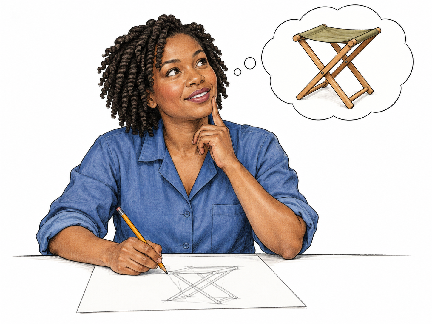 Woman suddenly forms idea for folding stool, small thought bubble shows simple newly imagined stool while she sketches first lines on blank paper; clear forming idea, no labels or magical effects.
