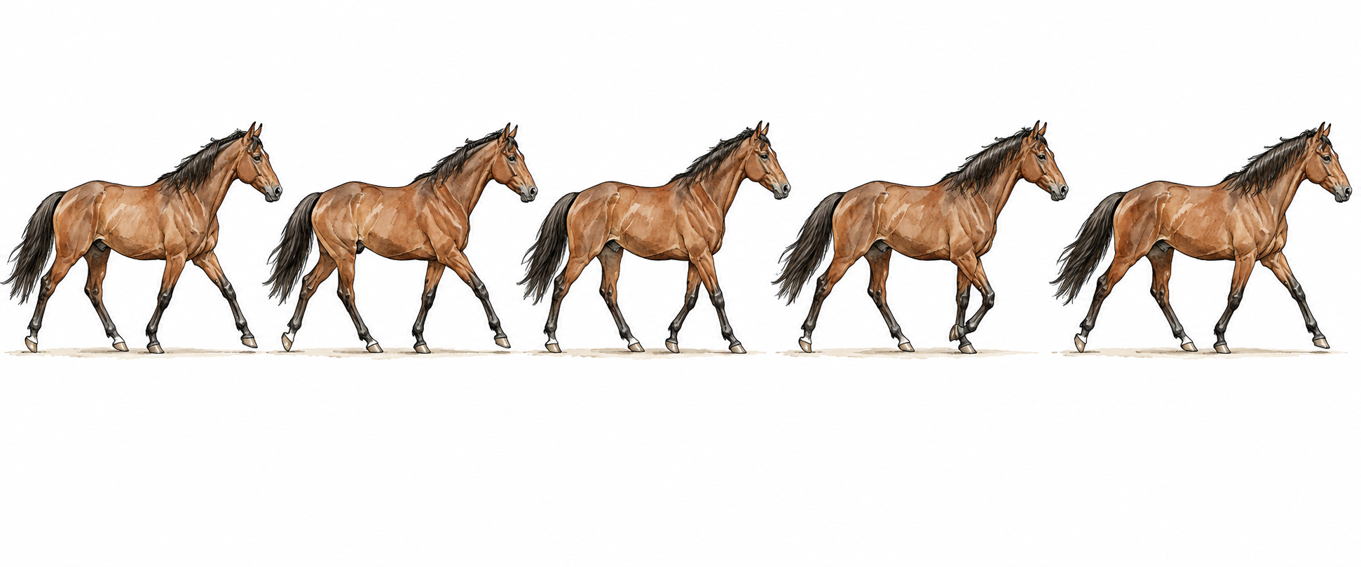 Sequence of walking horse positions moving from one place to another along ground, clear locomotion.