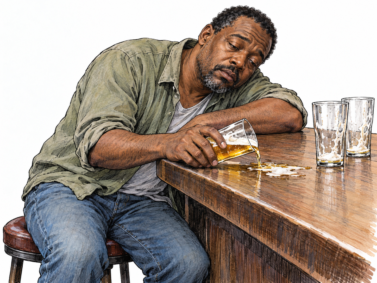 A visibly alcohol-impaired adult slumps on a bar stool, with unfocused half-closed eyes and a slack expression, clumsily tipping a beer glass and spilling its contents beside two empty beer glasses.