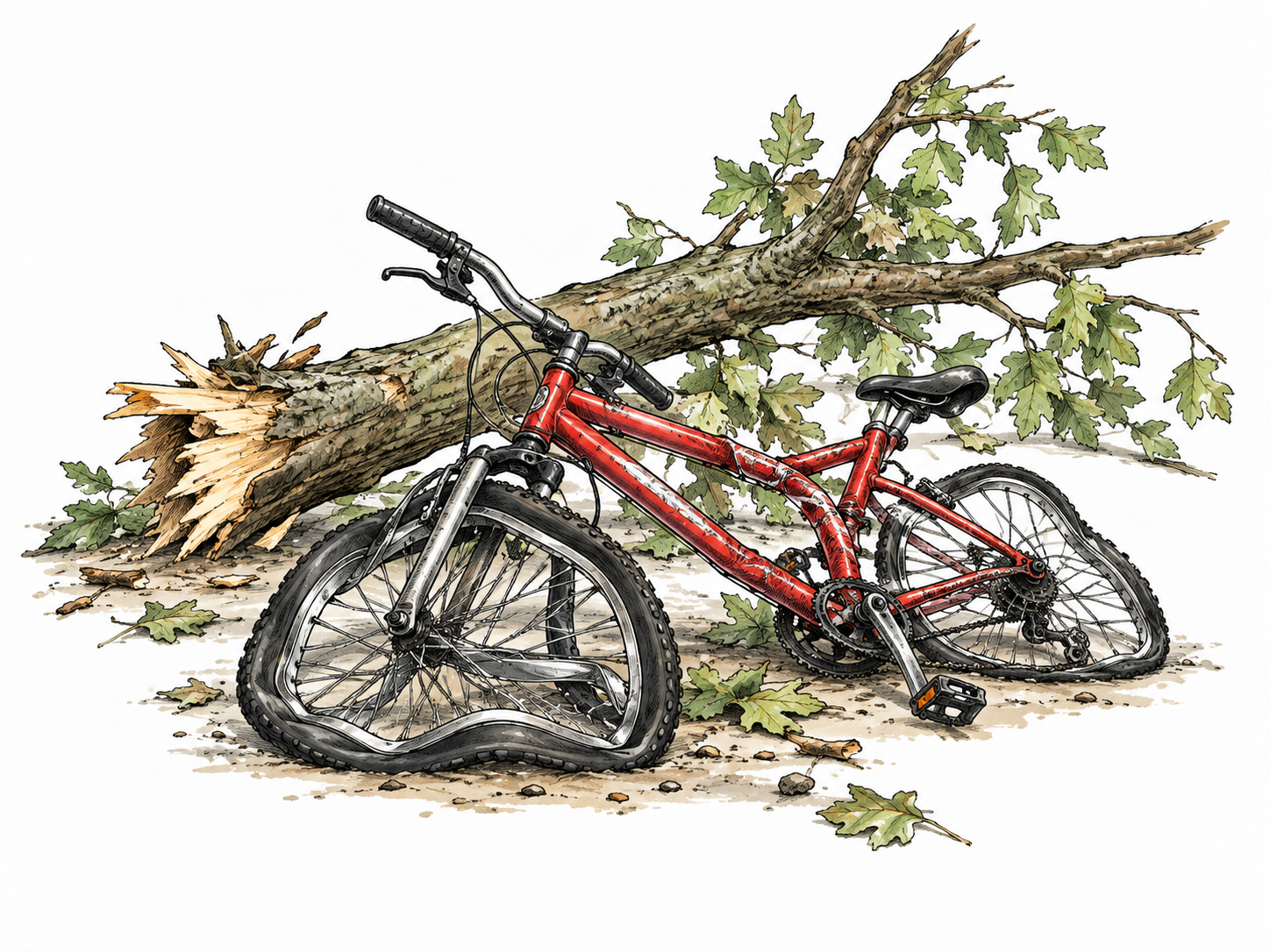 A badly crushed bicycle wheel and twisted frame beside a fallen heavy branch, severe physical damage obvious, no injured person or text.