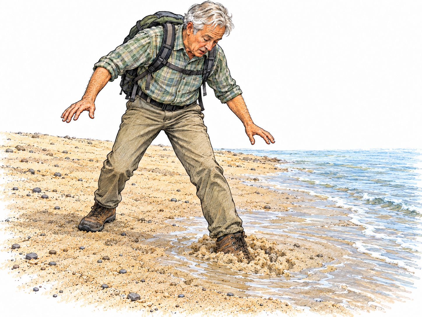 An older hiker's weighted boot sinks into pale, water-saturated sand while his other boot remains on firm ground; collapsing sand and water welling around the trapped boot make the unstable surface visible.