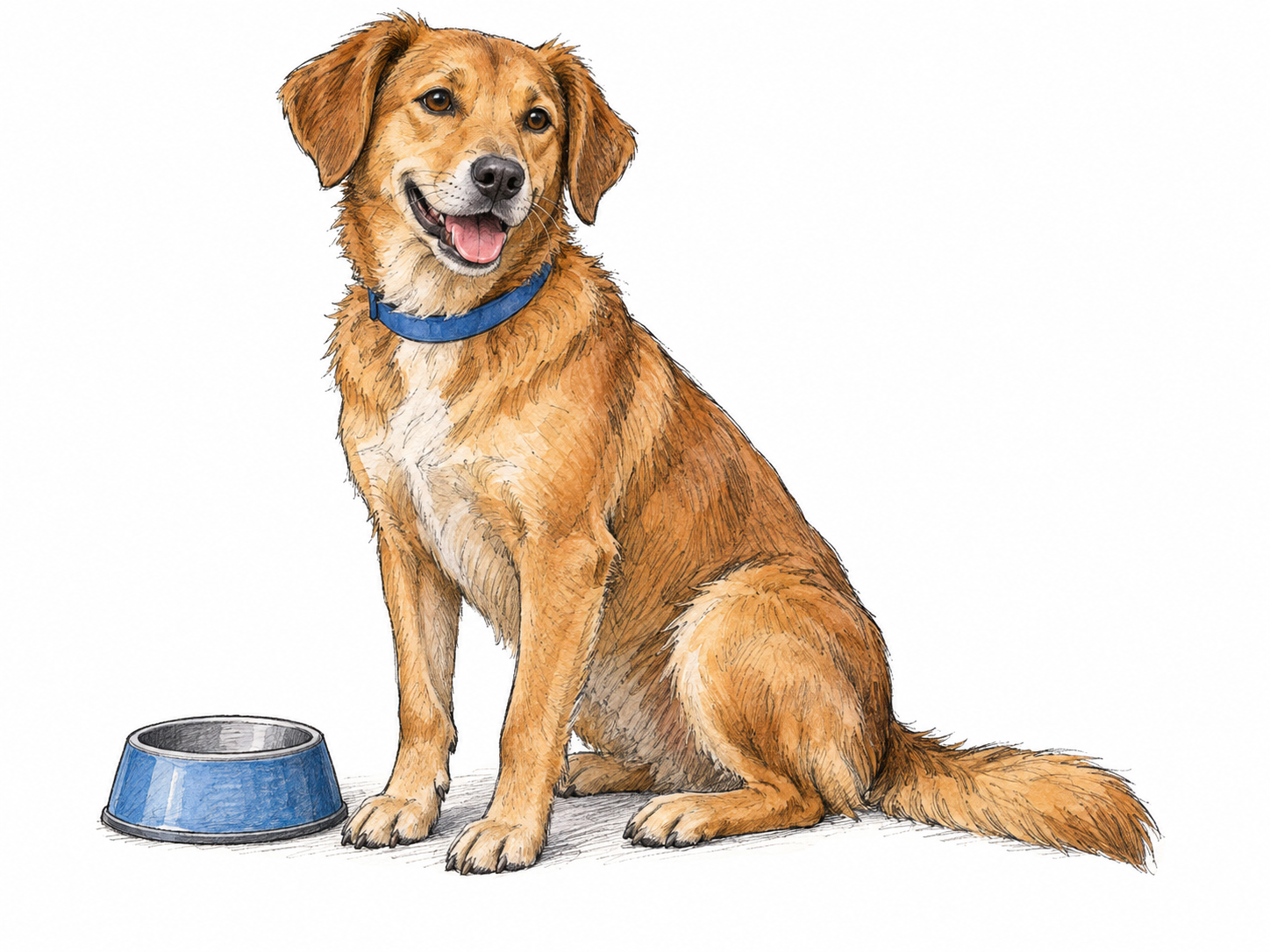 A friendly adult domestic dog sitting beside its plain food bowl, with a simple collar making its pet status clear.