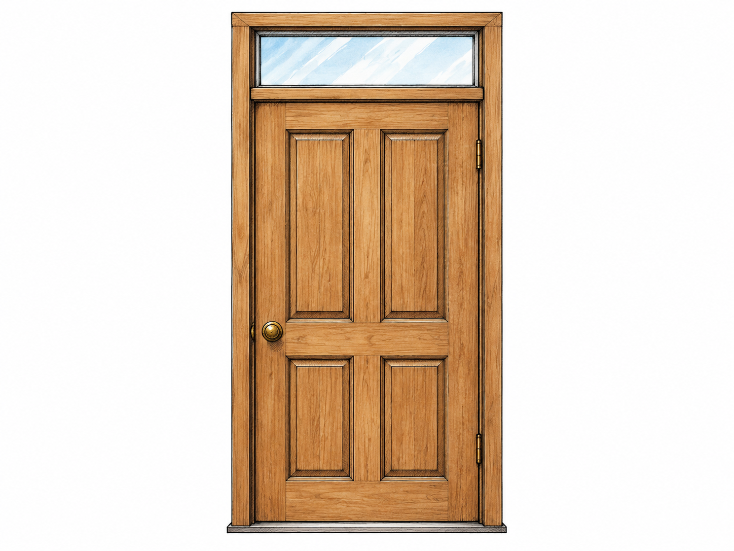 Front view of plain wooden door with small rectangular glass transom directly above it; horizontal separating bar clear, only doorway structure on white.