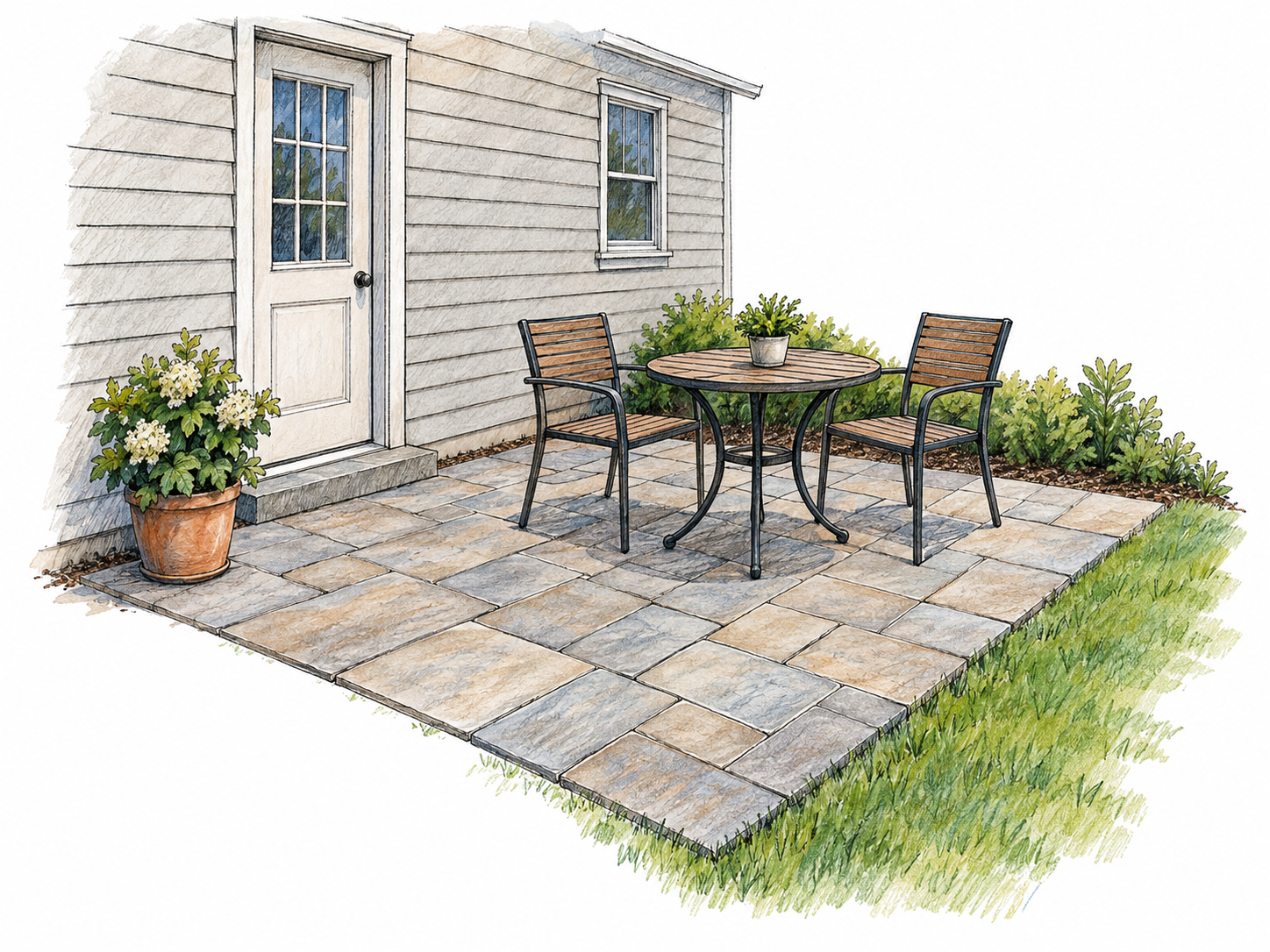 A small paved patio directly adjoining a house, with a simple outdoor table and two chairs.