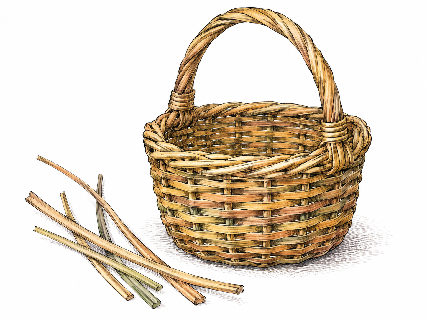 A finished small woven reed basket with a neatly fitted handle rests beside a few spare reeds, clear handmade object, no hands or factory.