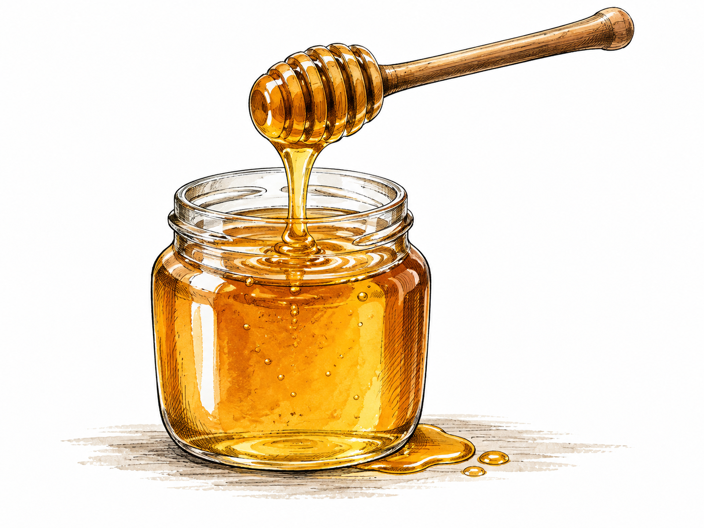 Glass jar of viscous golden honey and honey dipper.