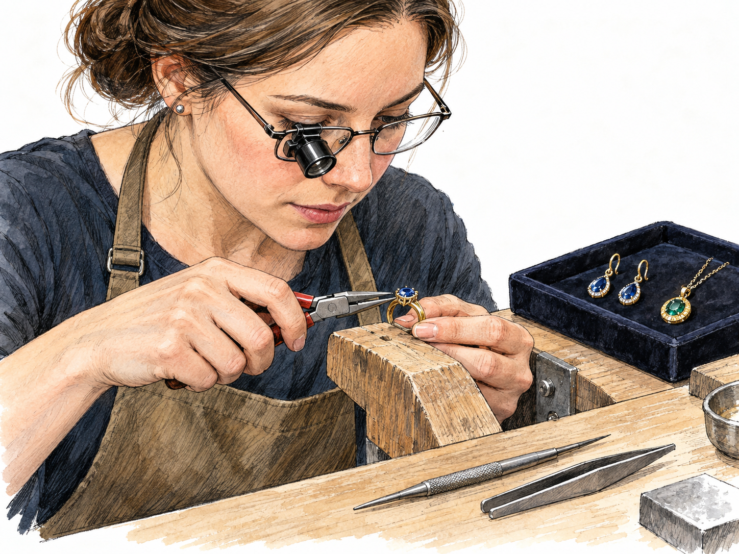 A jeweler at a compact workbench uses fine pliers to adjust the setting of a gemstone ring, with finished jewelry displayed nearby.