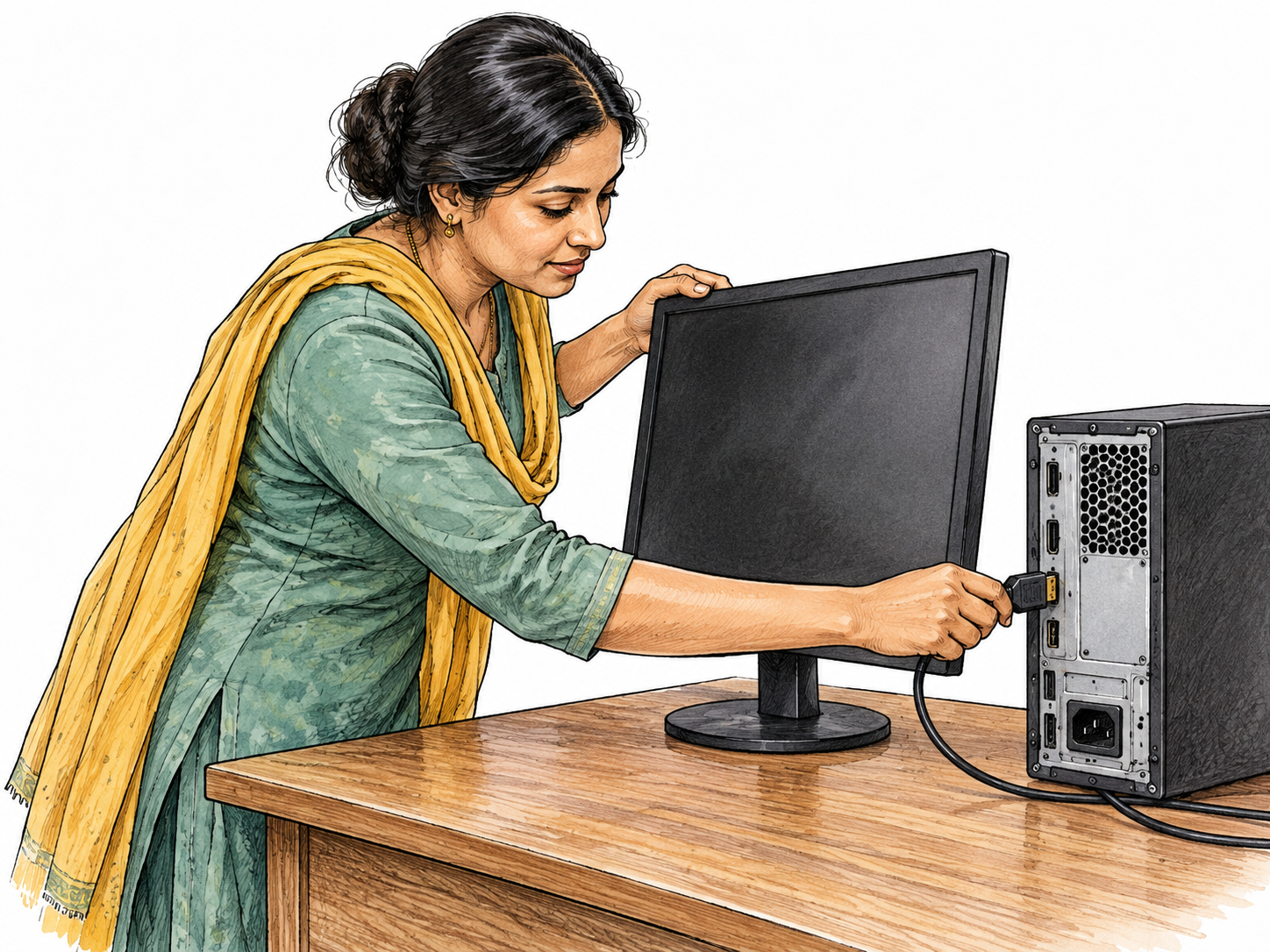 An adult South Asian woman arranges a compact computer workstation, positioning a monitor and connecting its cable to a small desktop computer for use; unlettered screen and no logos.