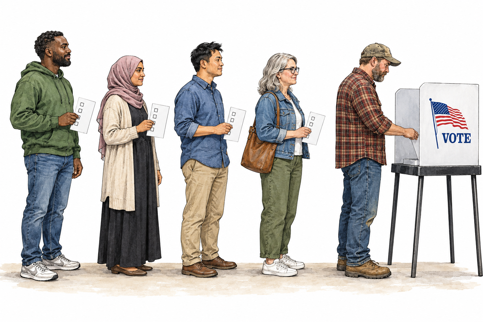 Diverse adults stand on same level with identical ballots and equal access to voting booth, egalitarian rights.