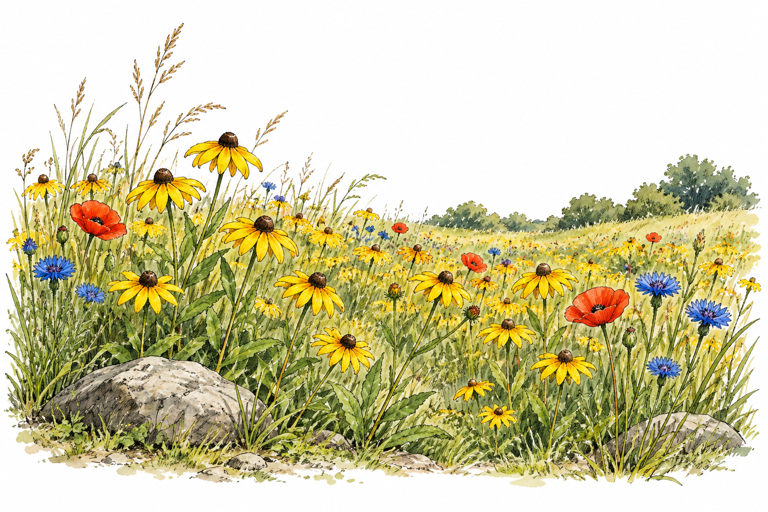 A meadow contains many yellow wildflowers and just a few red and blue flowers, yellow visibly predominant among several colors, no text.