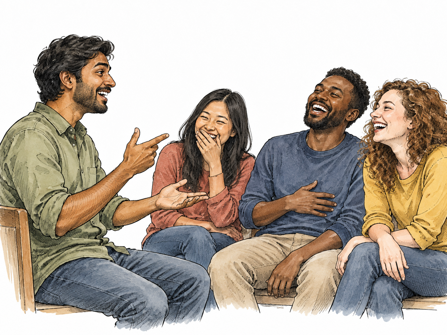 A South Asian adult tells a lighthearted joke to diverse friends who laugh naturally.
