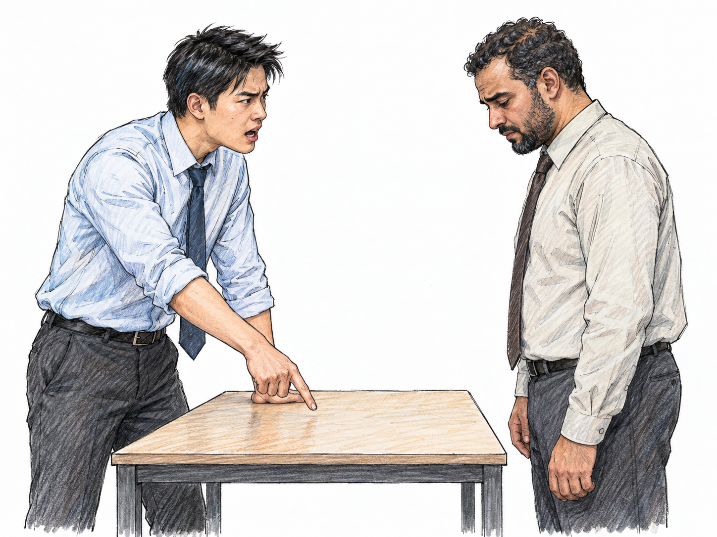 A young adult supervisor delivers a severe verbal reprimand to a middle-aged colleague across a simple worktable.