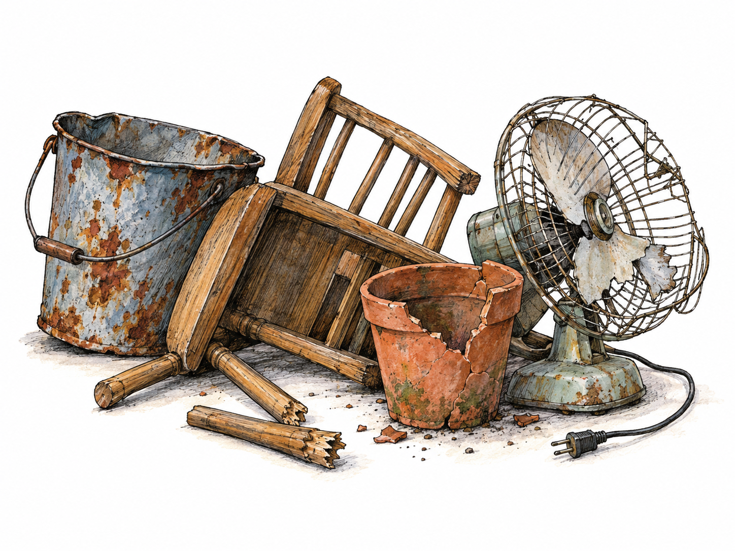A compact heap of visibly worn-out household objects: a dented rusty bucket, a broken chair, a cracked empty flowerpot, and a damaged table fan, loosely piled rather than displayed for use.