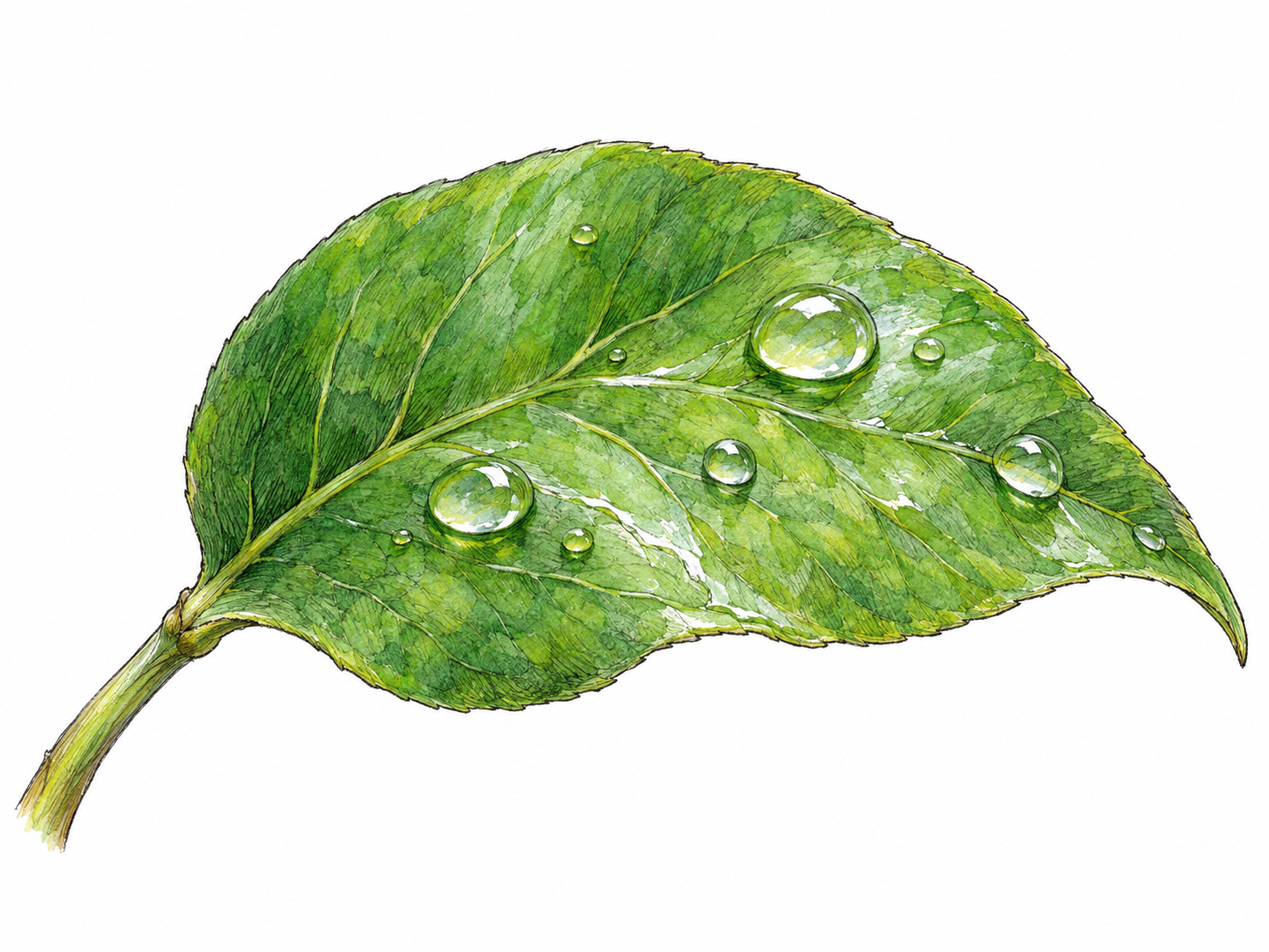 A close view of a green leaf covered with dew, with soft reflected highlights on the wet surface and rounded droplets.