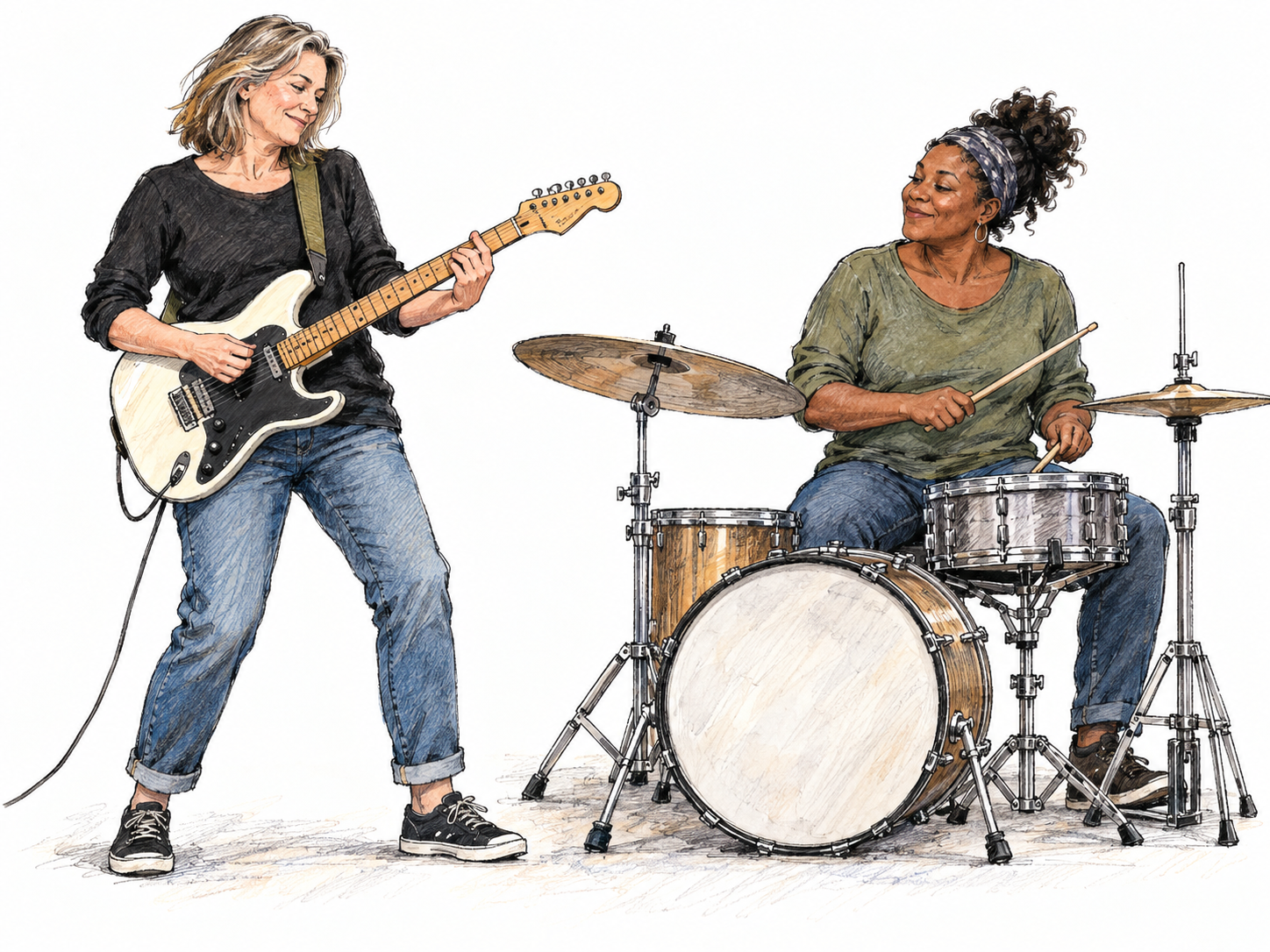 A modern ska duo rehearses: a guitarist plays a short, clipped upstroke while a drummer keeps time, suggesting the style’s buoyant offbeat rhythm through coordinated playing.