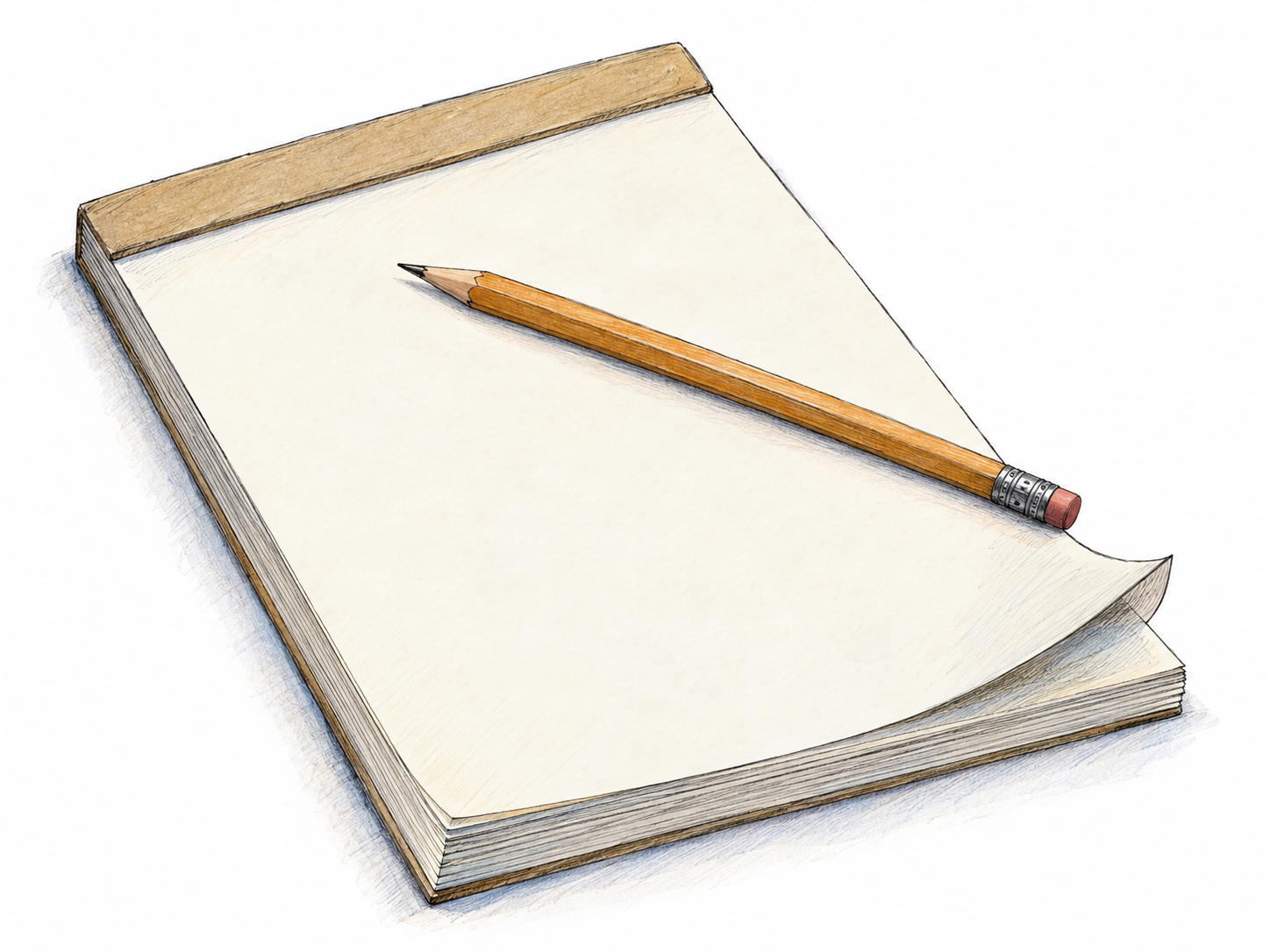 A thick writing pad with a glued top edge, one blank sheet curling upward, and a pencil resting diagonally across the remaining sheets.