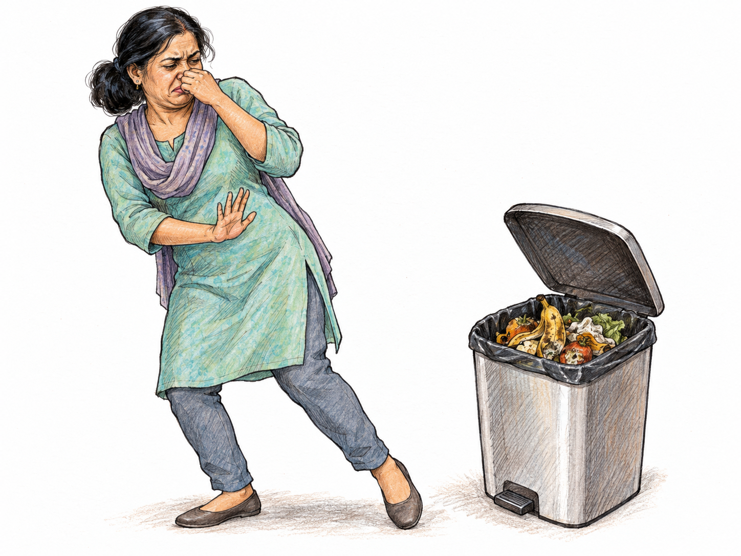 A middle-aged South Asian woman recoils from a small open kitchen waste bin containing rotting food, pinching her nose and leaning away from the unpleasant odor.