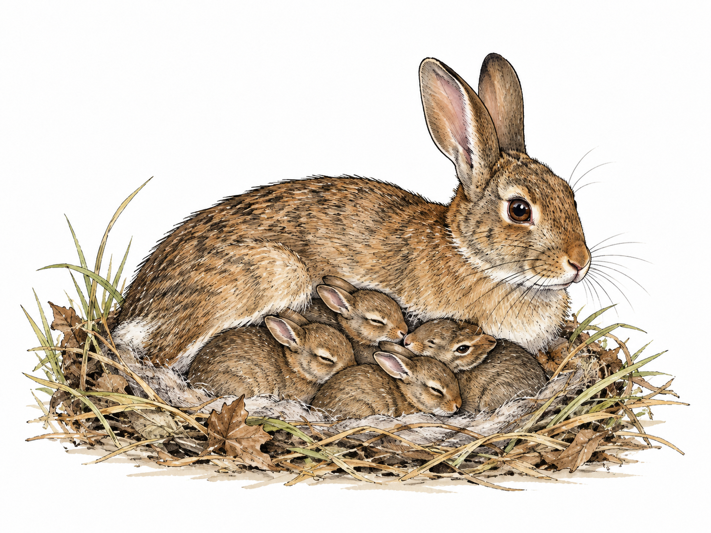 A mother rabbit rests with a litter of young kits in a safe nest.