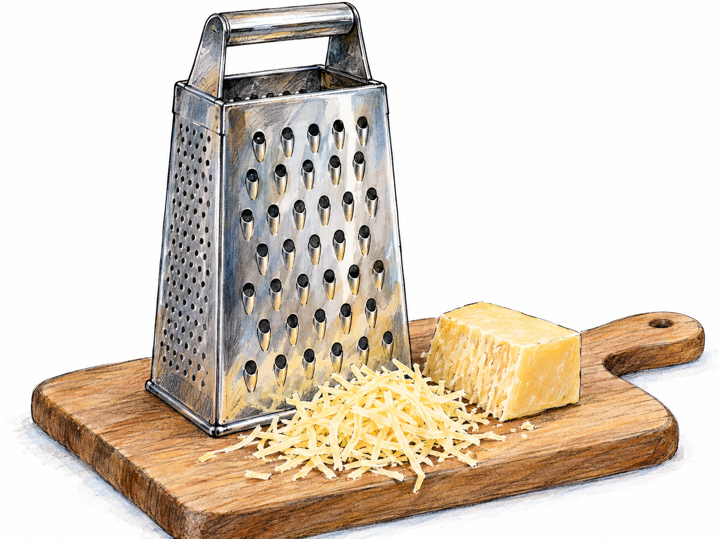 A stainless-steel box grater on a small cutting board beside a partly grated block of cheese and a loose pile of thin cheese shreds.