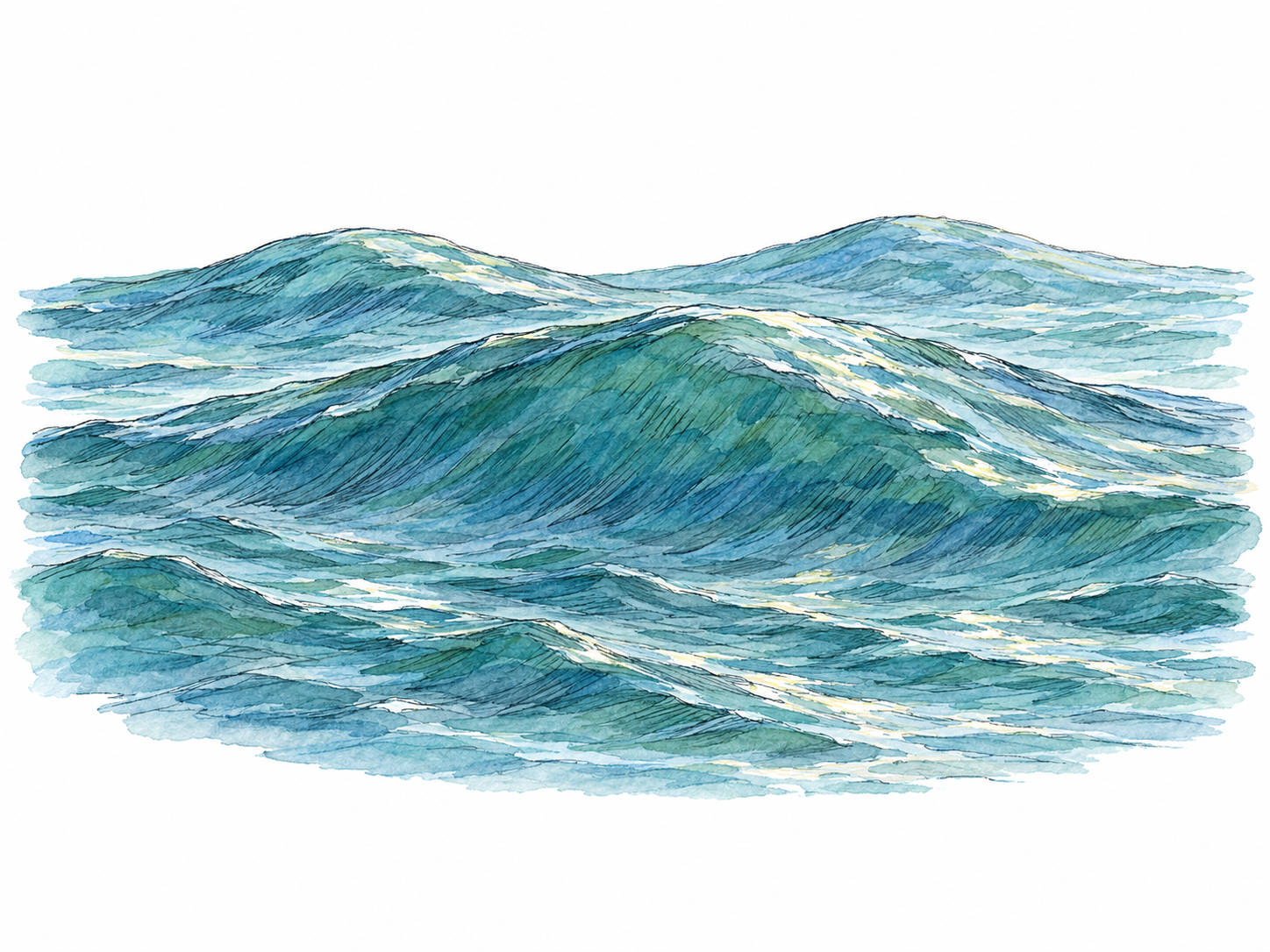 A close, low-angle view of gentle ocean swells, with rounded crests and shallow troughs showing smooth wave-like rising and falling.