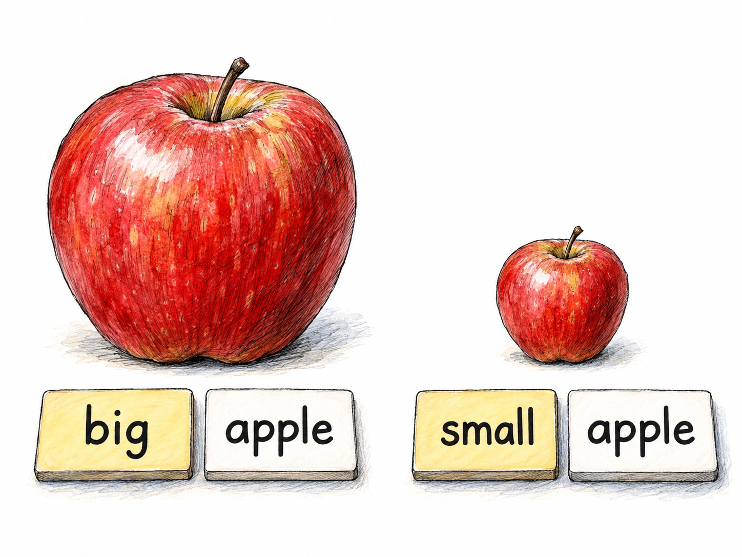 Two contrasting apples paired with physical word tiles: a large apple above “big apple” and a small apple above “small apple.” The contrasting modifier tiles make the describing words visible while the noun stays identical.