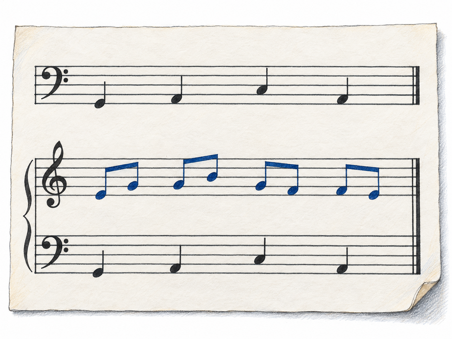 A single music manuscript leaf compares a low-register main tune played alone with the same tune retained beneath an added, independently moving high melody.