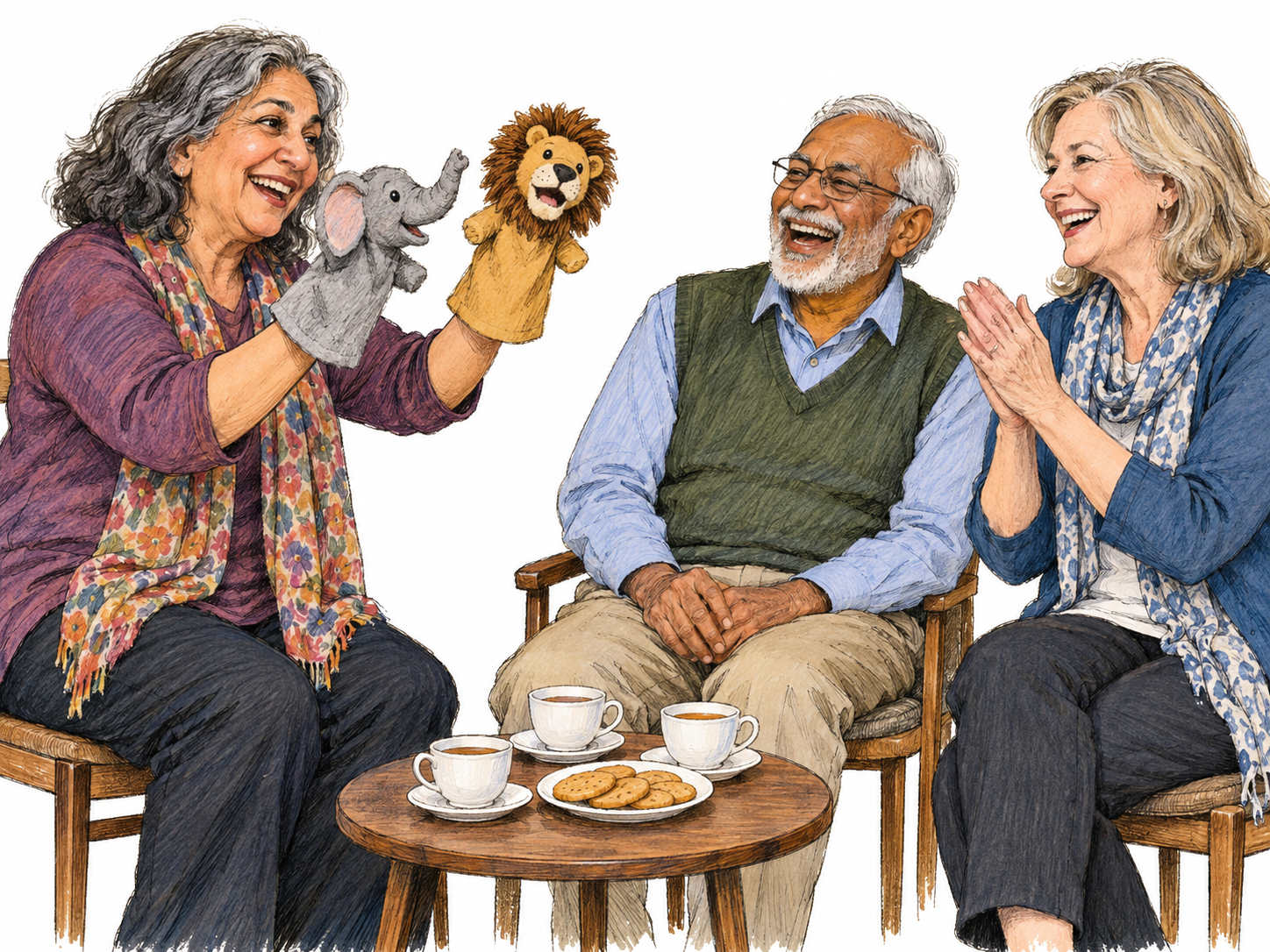 An older host entertains two seated guests with a playful hand-puppet performance; their laughter and attention make the amusement visible.