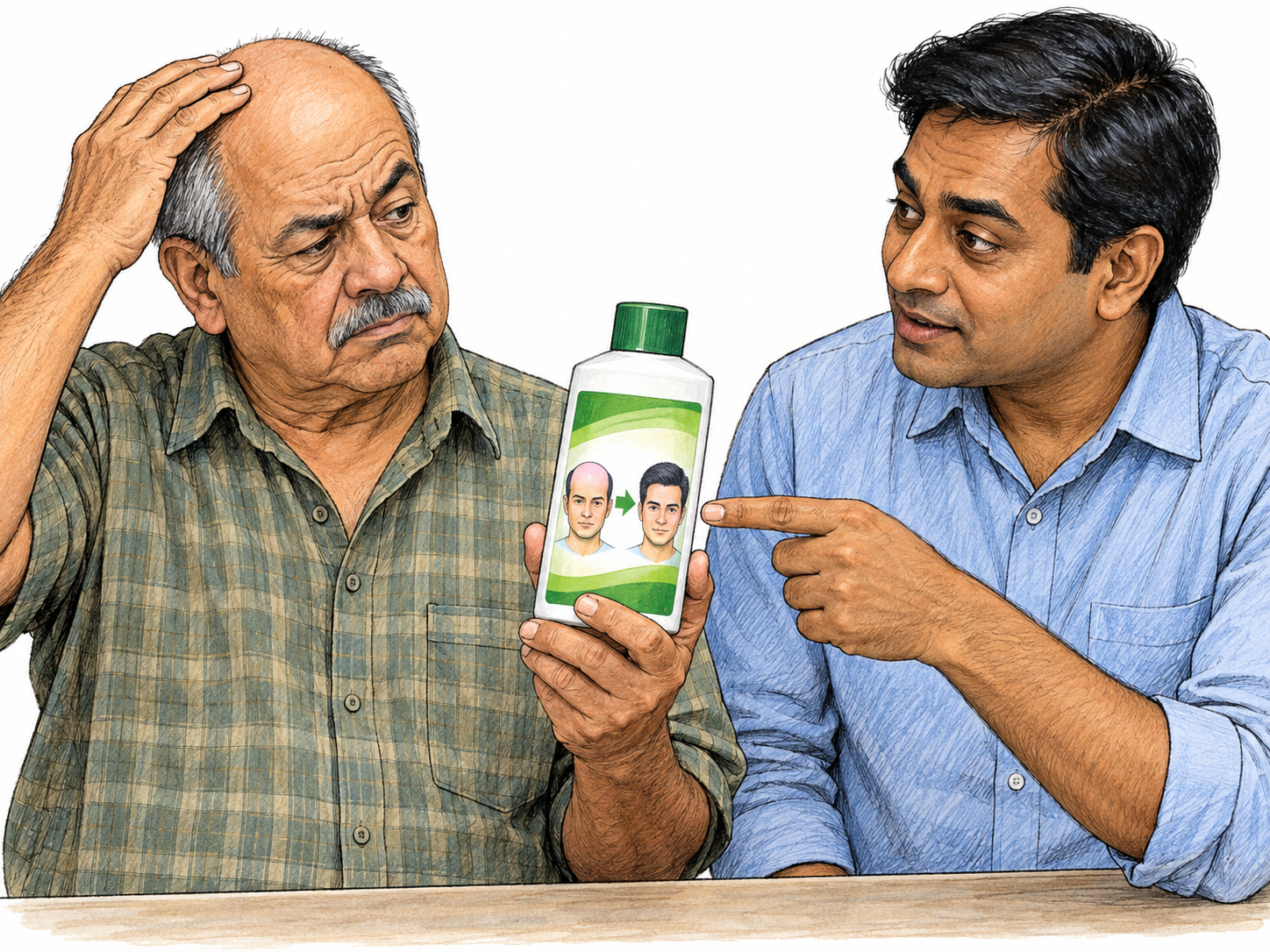 A hair-treatment bottle purports to restore hair through its prominent pictorial packaging; a bald customer considers the claim rather than being shown receiving a proven benefit.