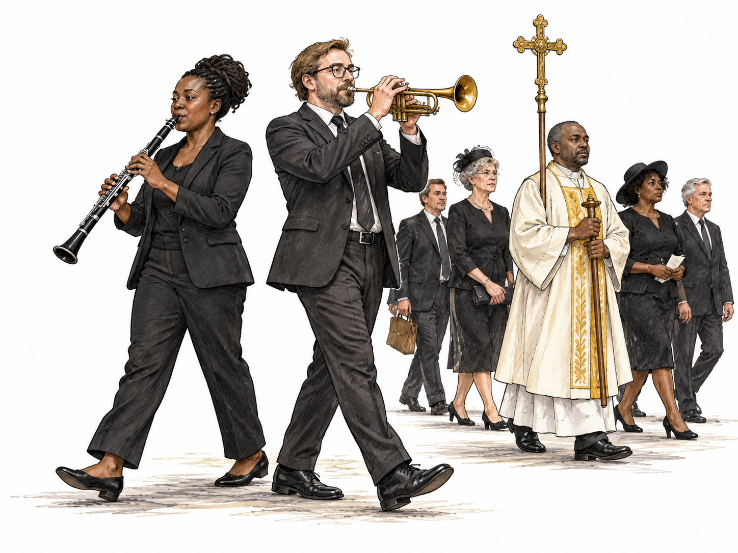 Two musicians play portable wind instruments beside a slowly moving formal procession, clearly music accompanying ceremonial movement, no floating music-note glyphs.