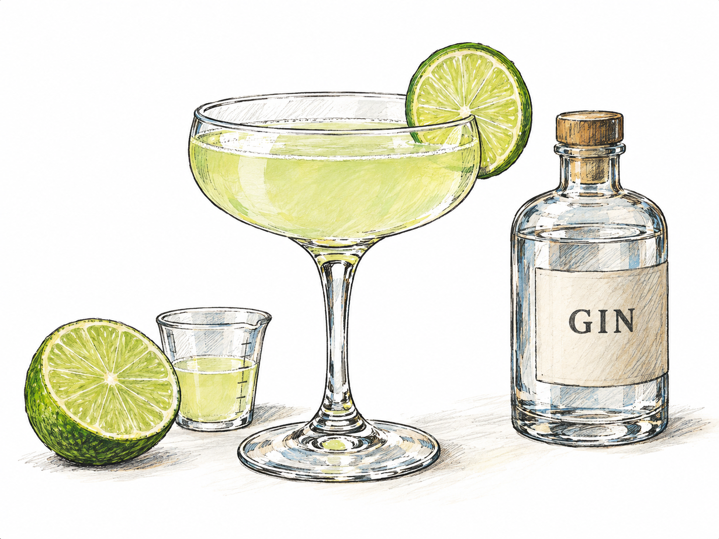 A pale, translucent gimlet in a chilled coupe, with a lime wheel garnish, accompanied by fresh cut lime, a small measure of lime juice, and a gin bottle bearing only the indispensable marking GIN.