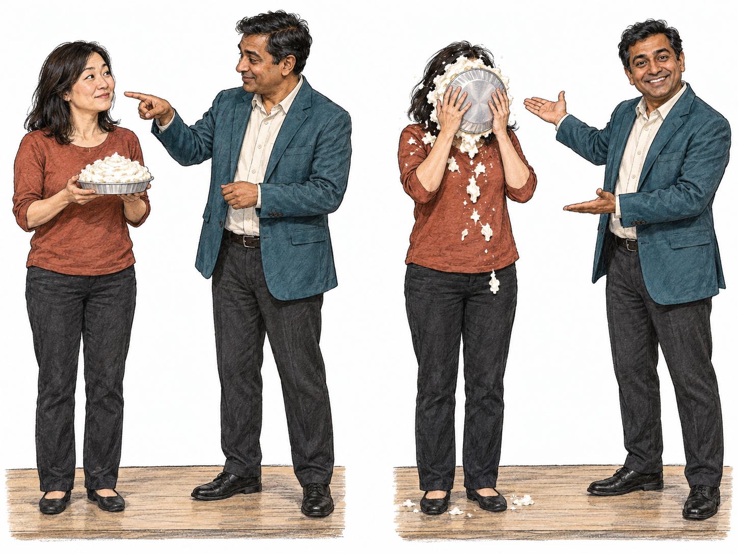 A comic performer uses his assistant to perform the humiliating part of a routine: he instructs her to press a cream pie into her own face, then takes the spotlight while she carries out the foolish task.